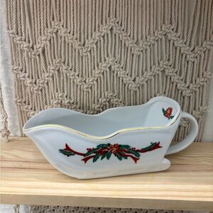 Vintage "Poinsettia and Ribbons" fine china gravy boat shaped like a sleigh